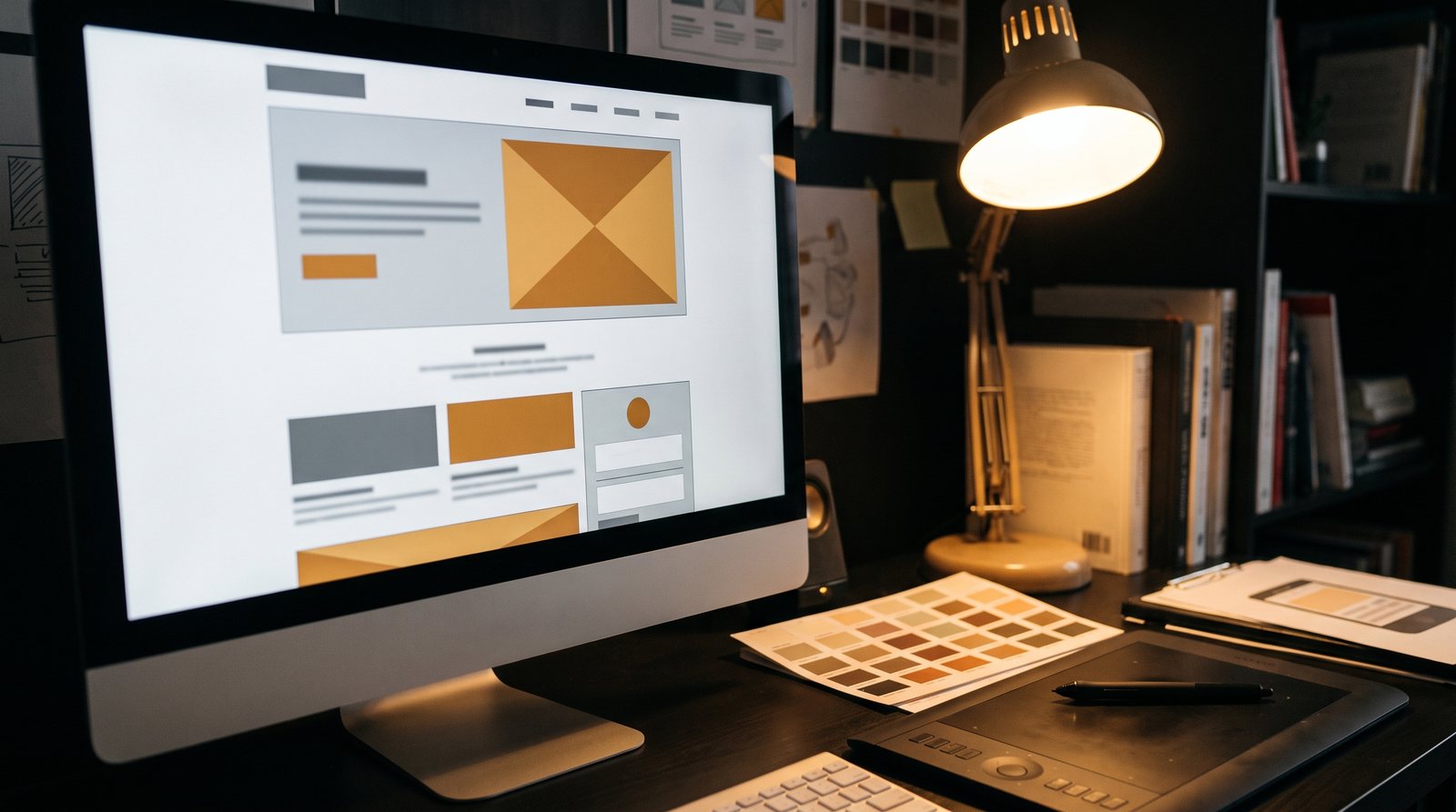 หน้าจอแสดงแบบร่าง wireframe และสวอตช์สี สื่อถึงขั้นตอนออกแบบ