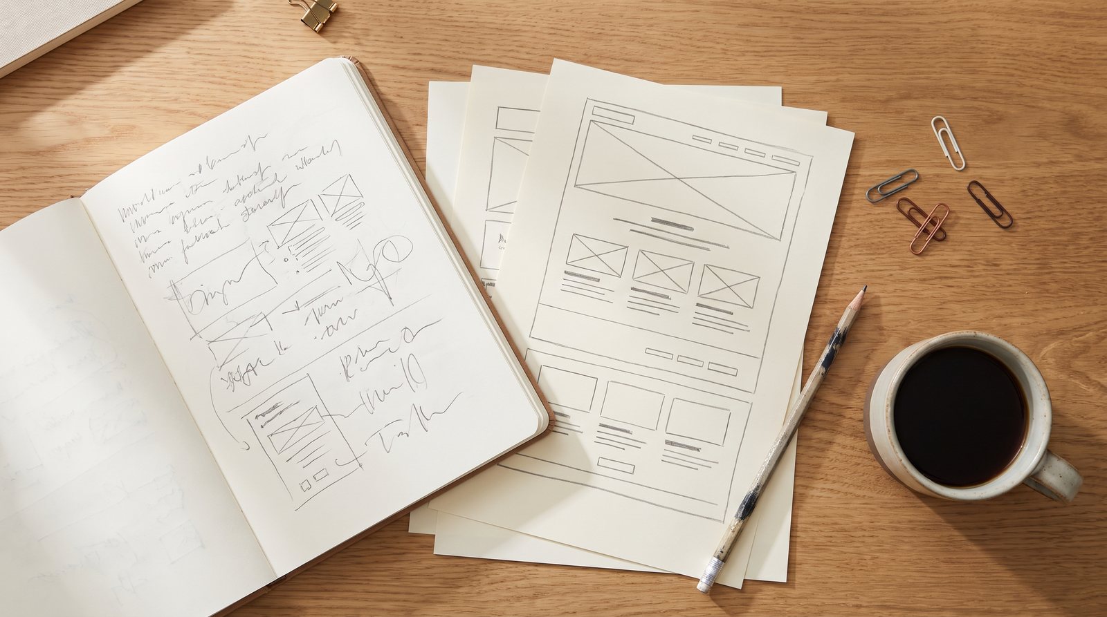 สมุดจดพร้อมภาพร่าง wireframe บนโต๊ะทำงาน สื่อถึงขั้นตอนรีเสิร์ช